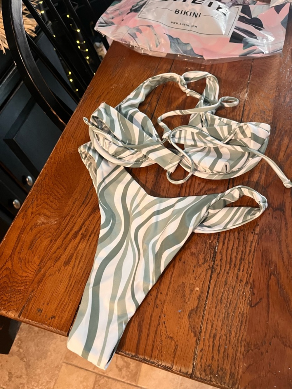 SHEIN Green and White Zebra Print Tie Bikini Set